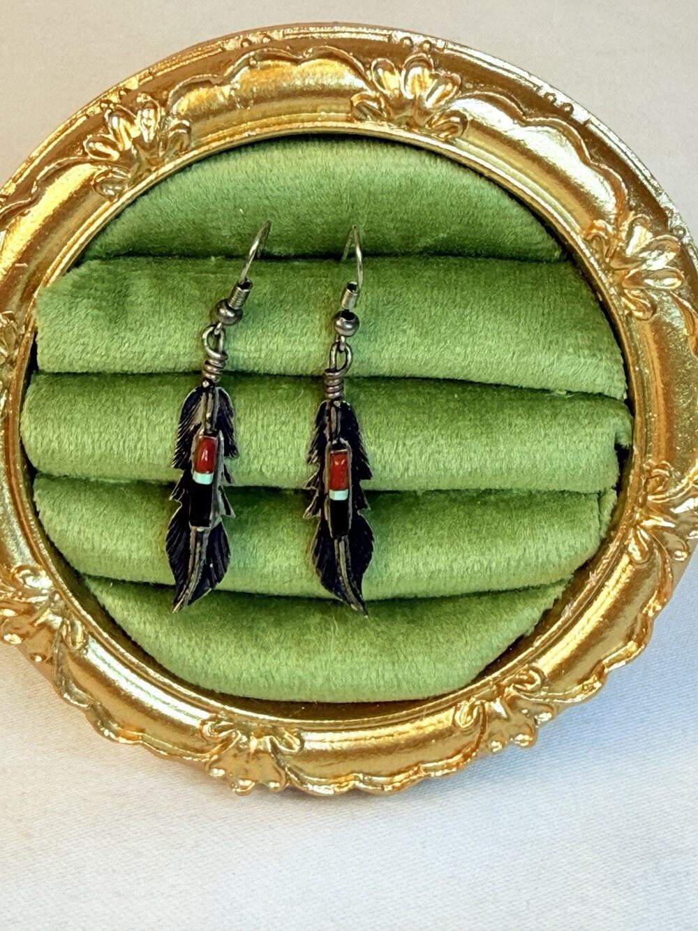 Vintage Navajo F. Barney Sterling Silver Southwestern Dangle Feather Earrings